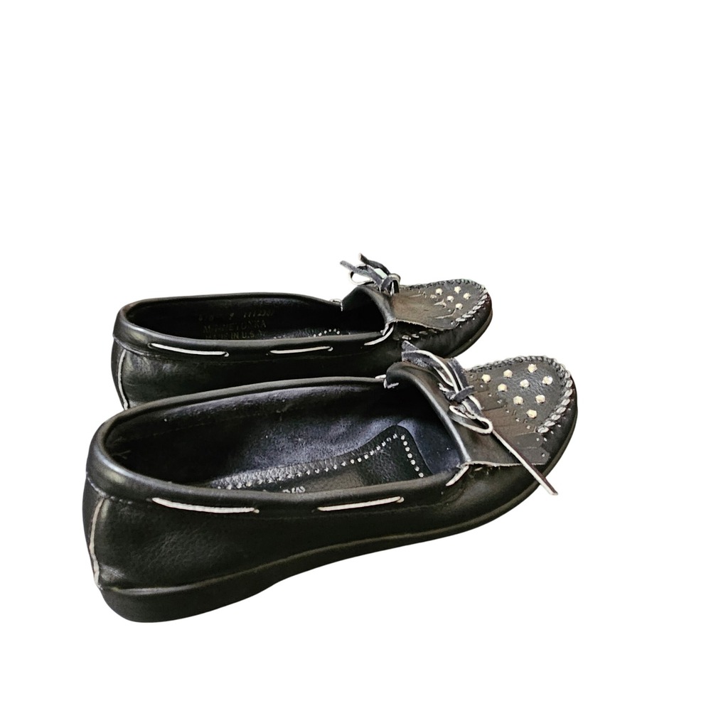 Minnetonka Moccasins‎ Black Leather Studded Fringe Loafers Women Size 9 USA Made - Picture 5 of 9